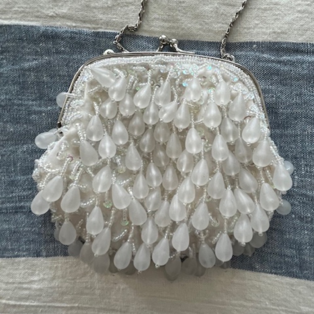 Vintage Swee Lo Ivory Beaded Sequined Kiss Lock Mini Evening Bag Bridal Hoco